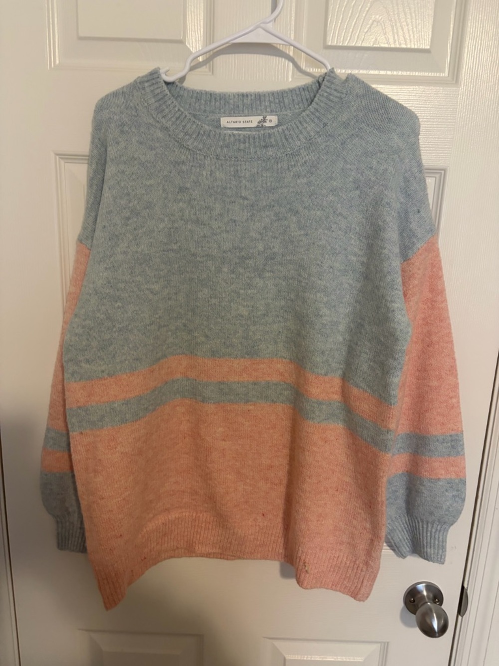 Altar'd State Light Blue and Peach Striped Crewneck Sweater Oversized